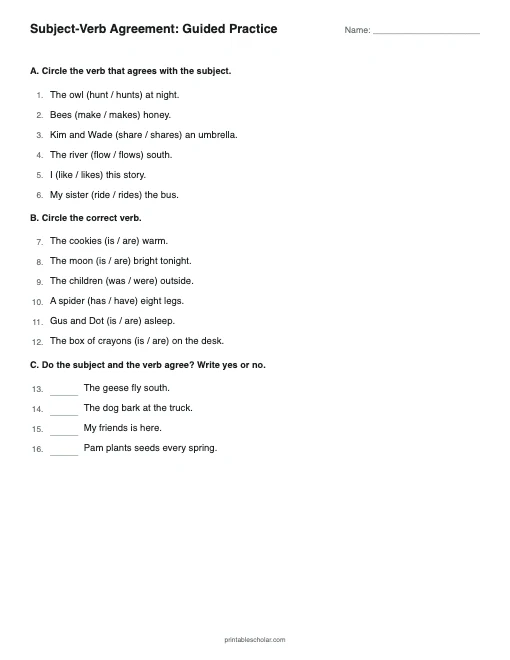 Subject-Verb Agreement: Guided Practice printable preview