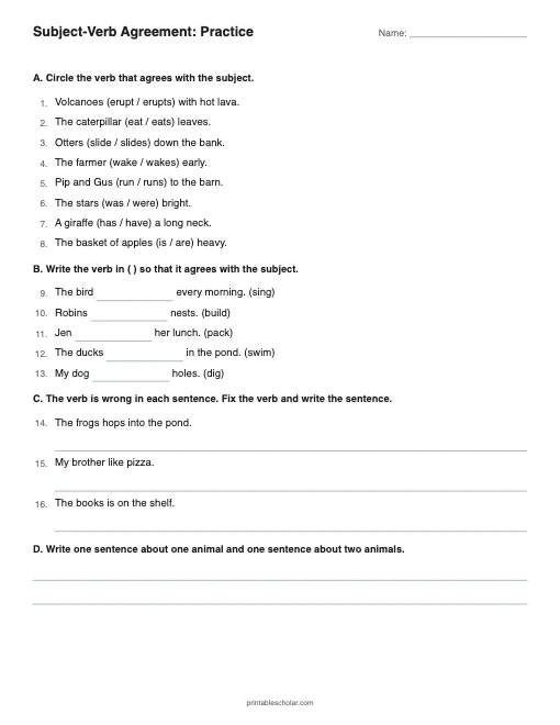 Subject-Verb Agreement: Practice printable preview