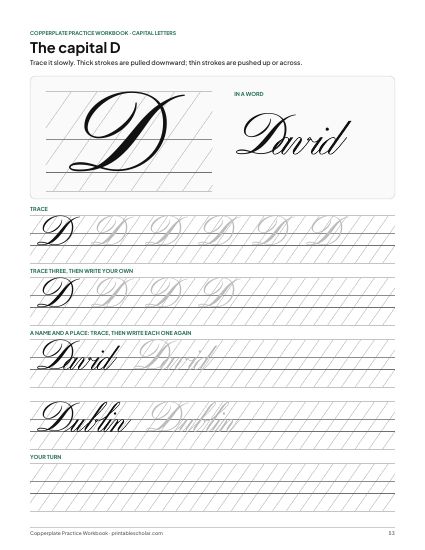 Copperplate Practice Workbook, a capital letter