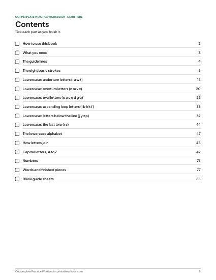 Copperplate Practice Workbook, contents