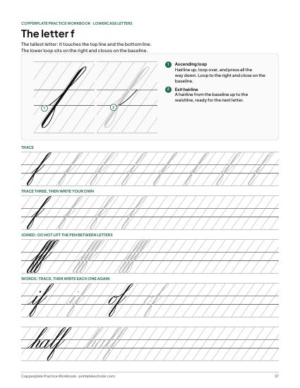 Copperplate Practice Workbook, the letter f