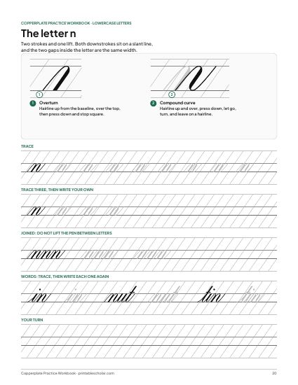 Copperplate Practice Workbook, the letter n