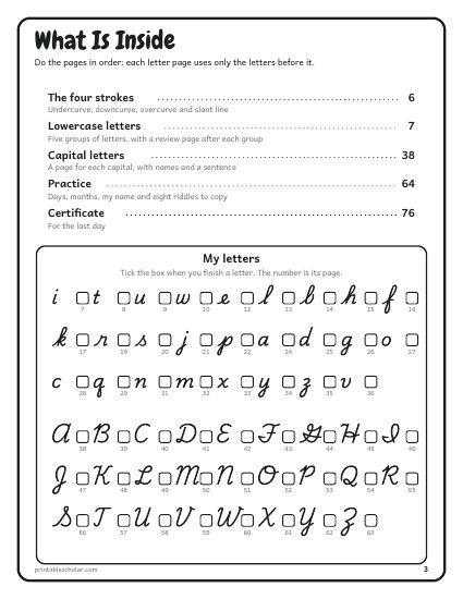 Cursive Handwriting Workbook, contents