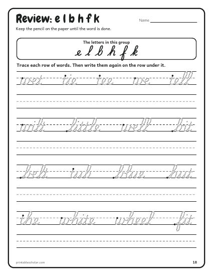 Cursive Handwriting Workbook, a review page