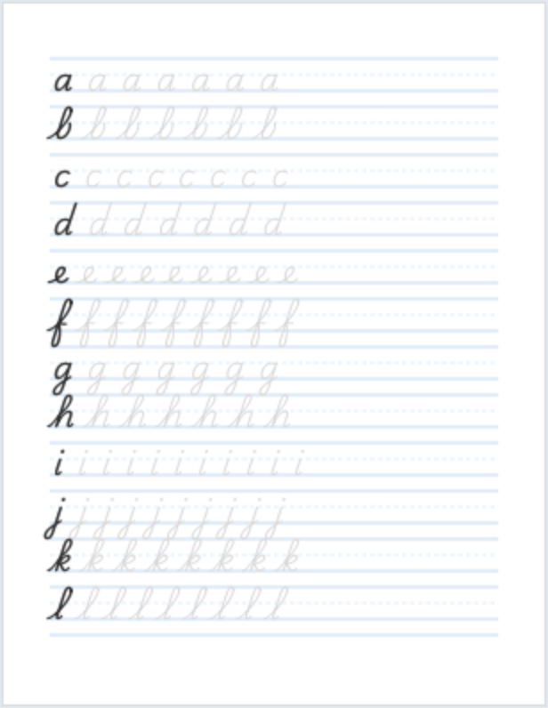 Cursive Lowercase Letter Tracing handwriting worksheet PDF preview