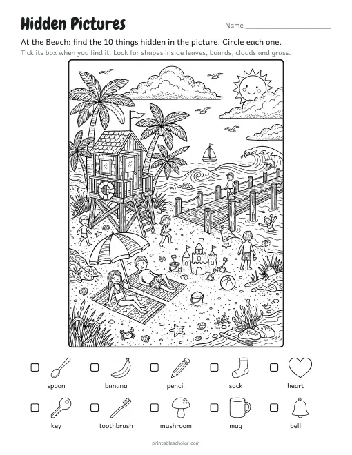 Hidden pictures printable: At the Beach, a line-art scene with 10 hidden objects