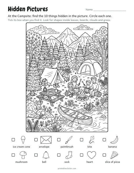 Hidden pictures printable: At the Campsite, a line-art scene with 10 hidden objects
