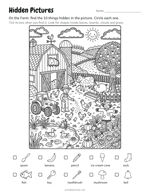 Hidden pictures printable: On the Farm, a line-art scene with 10 hidden objects