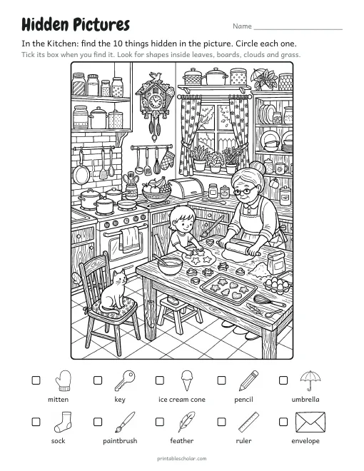 Hidden pictures printable: In the Kitchen, a line-art scene with 10 hidden objects