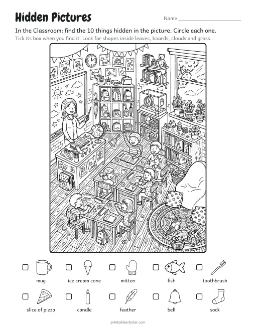 A hidden pictures sheet from the pack