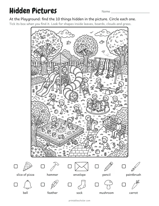 Hidden pictures printable: At the Playground, a line-art scene with 10 hidden objects
