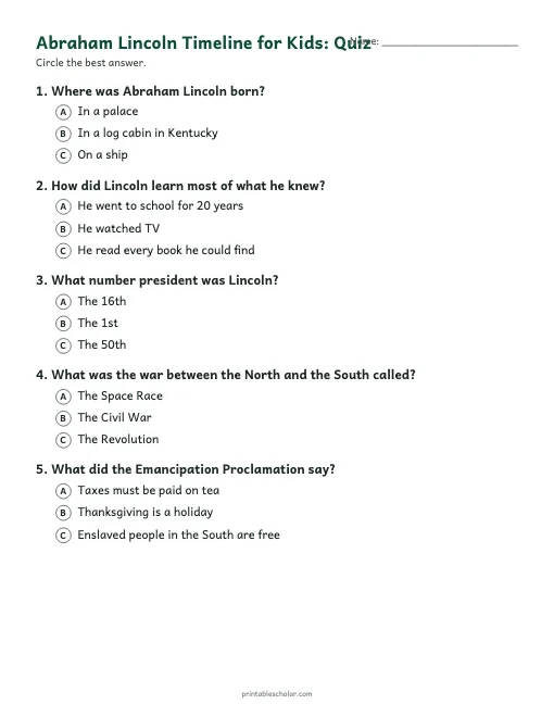 Abraham Lincoln Timeline for Kids: quiz with answer key preview