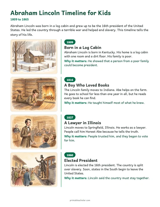 Abraham Lincoln Timeline for Kids: illustrated timeline preview