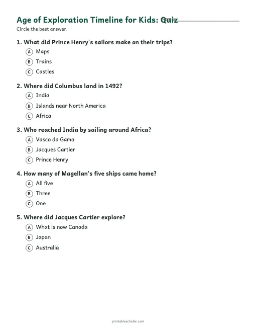 Age of Exploration Timeline for Kids: quiz with answer key preview