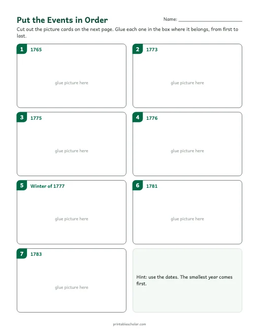 American Revolution Timeline for Kids: cut and order activity preview