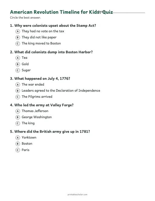 American Revolution Timeline for Kids: quiz with answer key preview