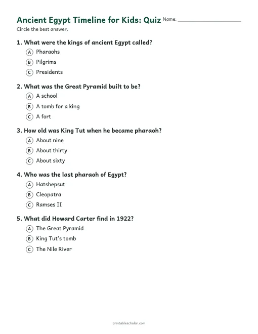 Ancient Egypt Timeline for Kids: quiz with answer key preview