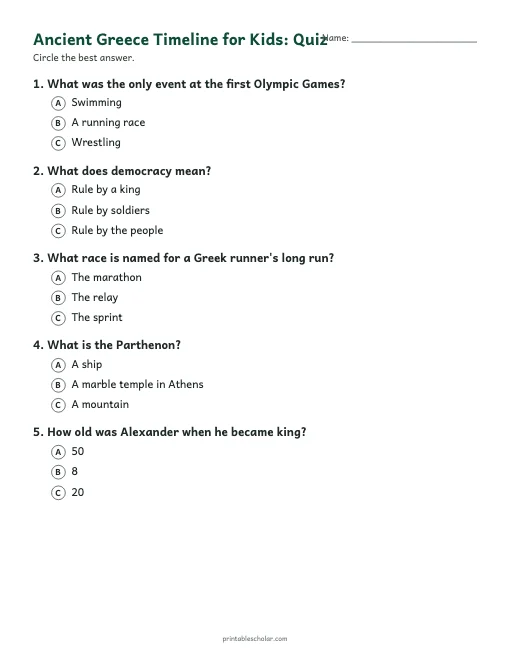 Ancient Greece Timeline for Kids: quiz with answer key preview