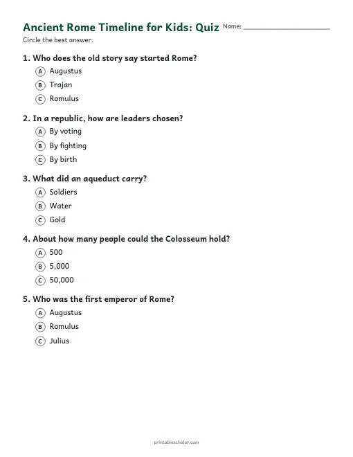 Ancient Rome Timeline for Kids: quiz with answer key preview