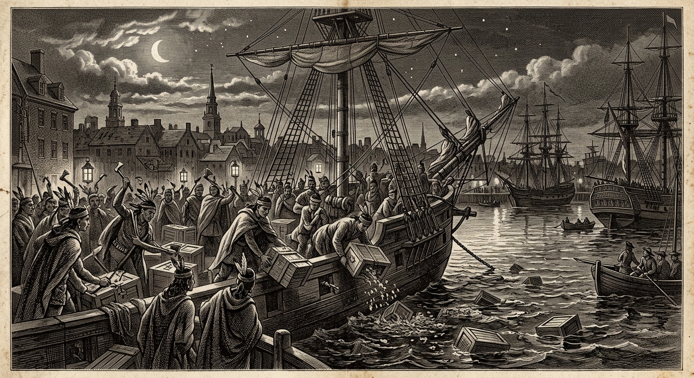 Antique engraving of the Boston Tea Party of 1773