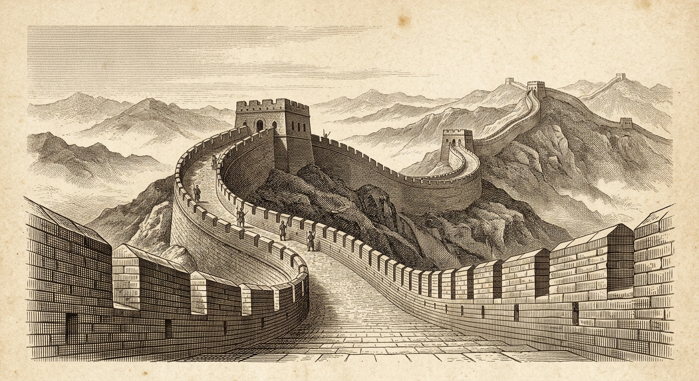 Antique engraving of the Great Wall of China snaking across mountain ridges at dawn