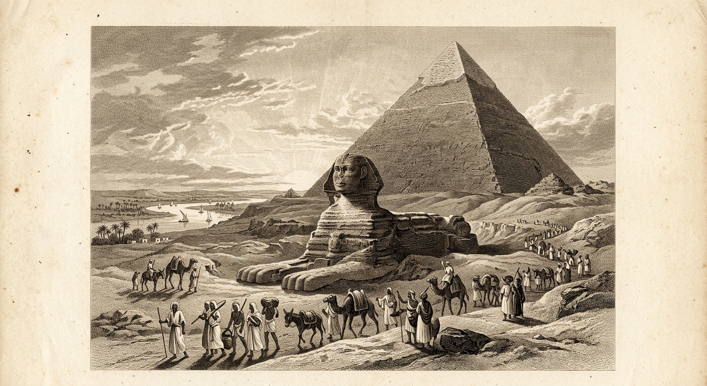 Antique engraving of the Great Pyramid of Giza and the Sphinx at dawn