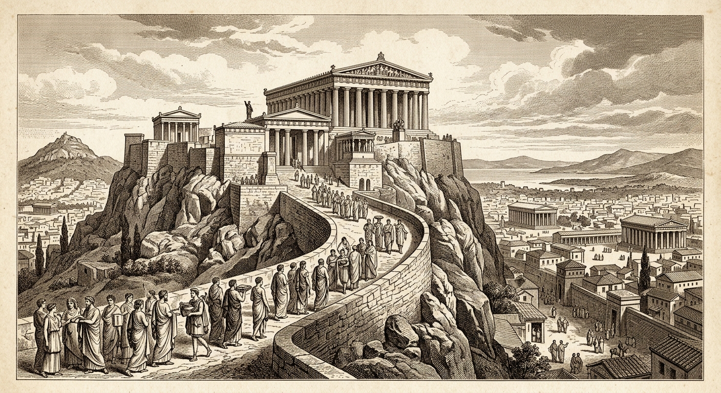 Antique engraving of the Parthenon on the Athenian Acropolis