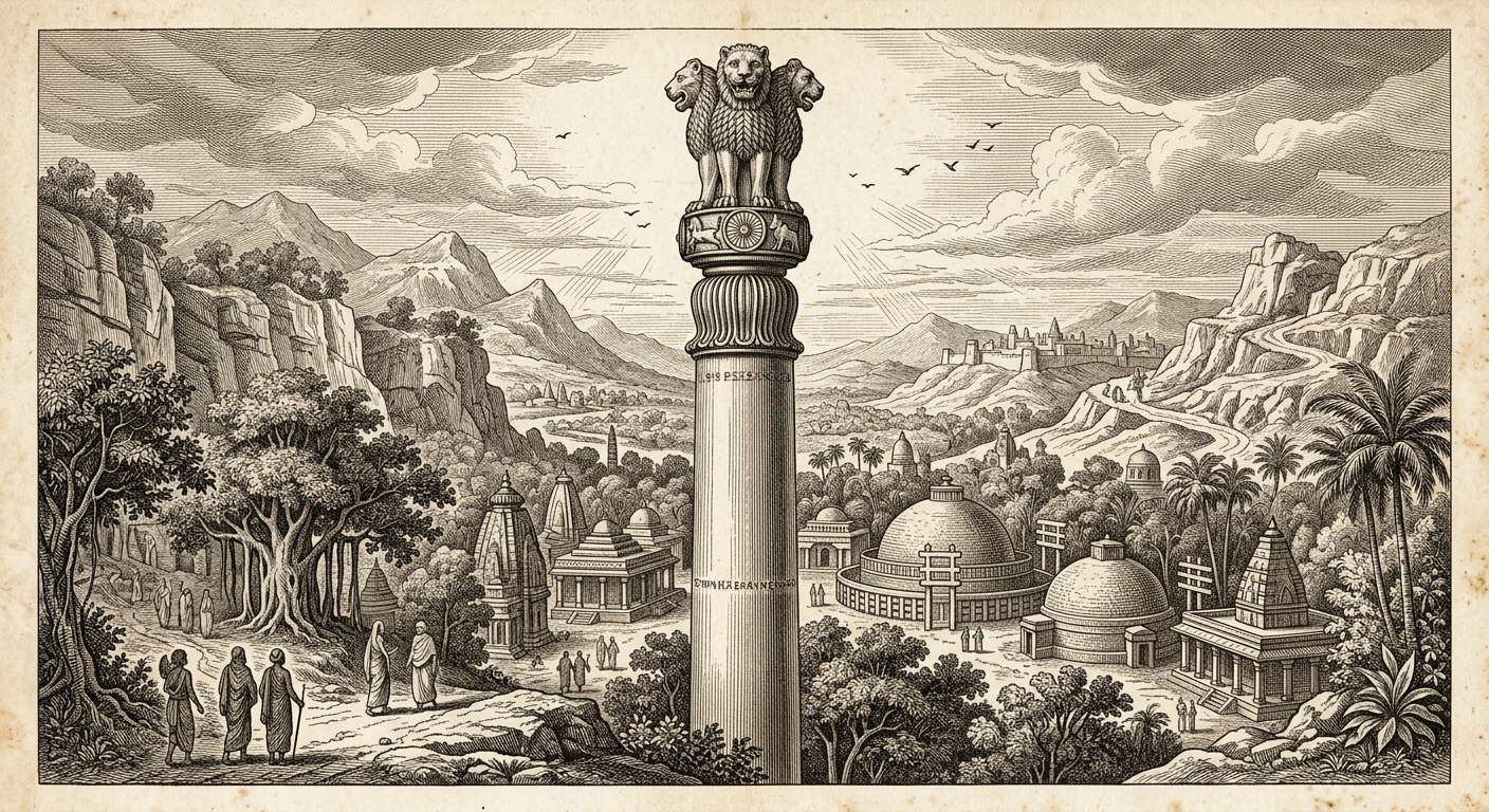 Antique engraving of Emperor Ashoka's lion-capital pillar rising above an ancient landscape
