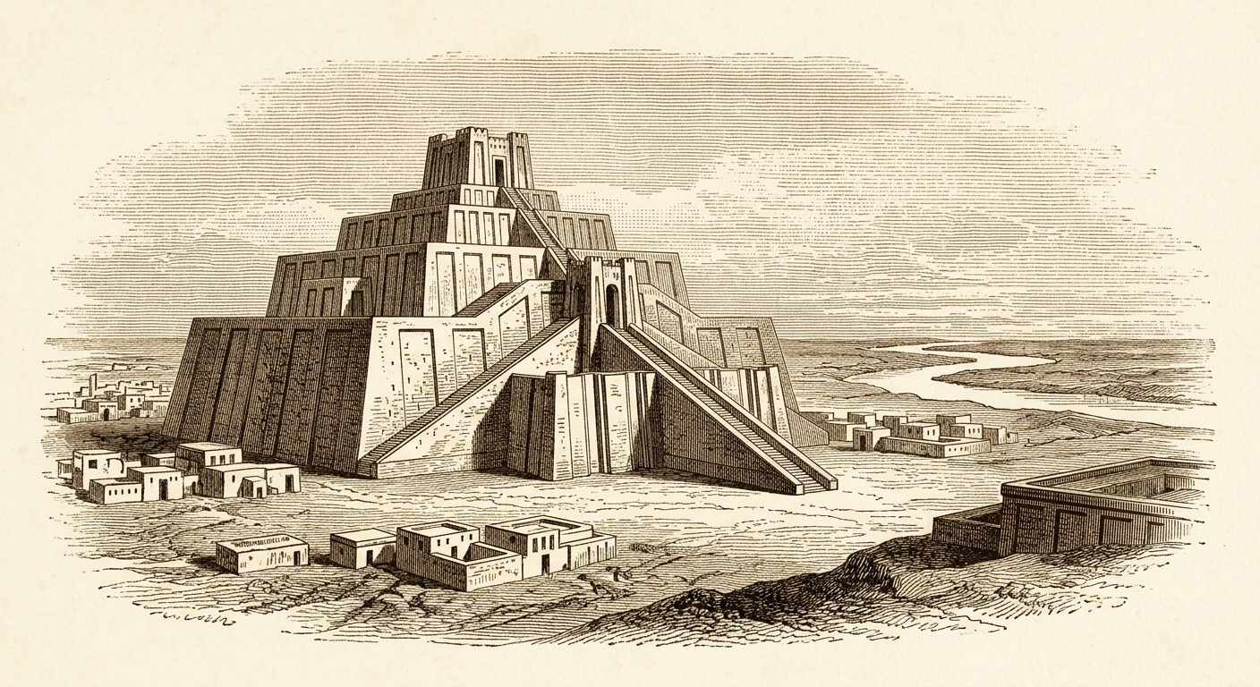 Antique engraving of the great ziggurat of Ur rising from the Mesopotamian plain