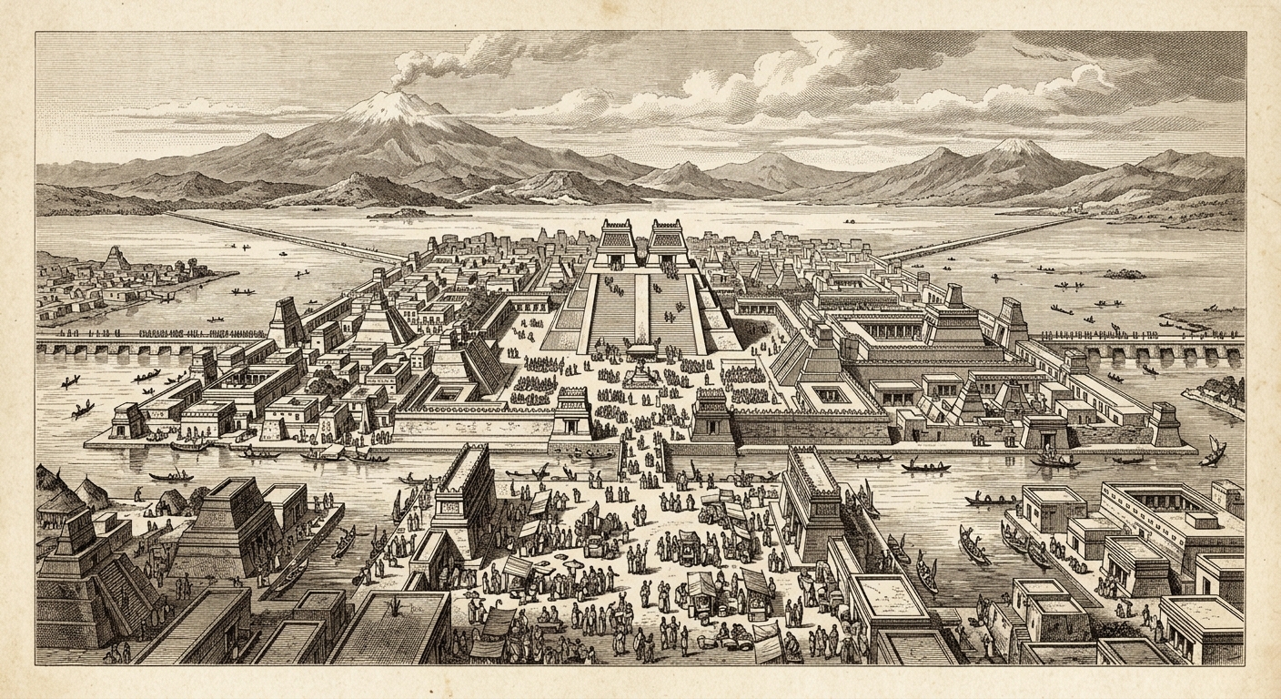 Antique engraving of the Aztec island city of Tenochtitlan at its height