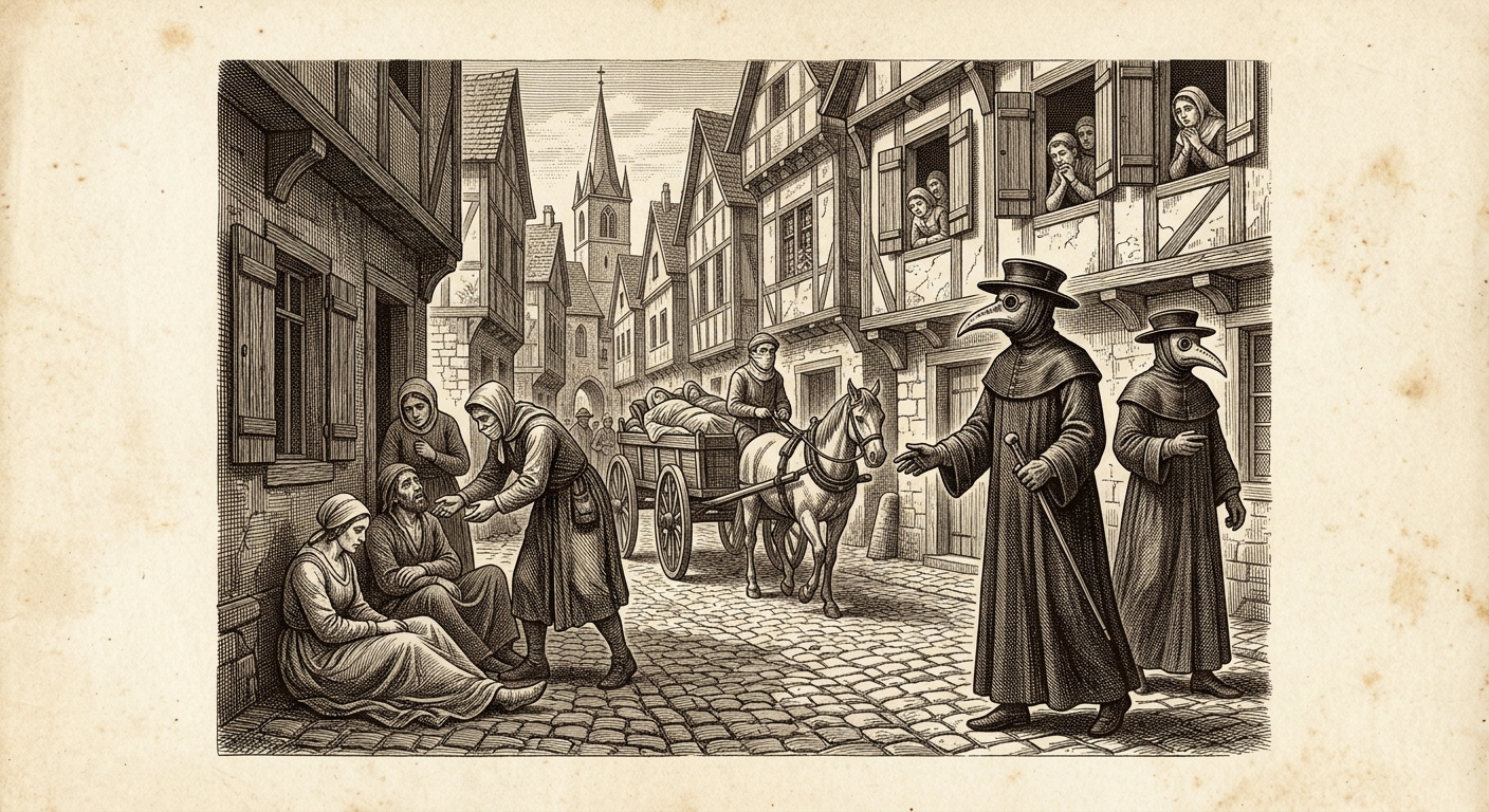 Antique engraving of plague doctors in beaked masks on a medieval city street
