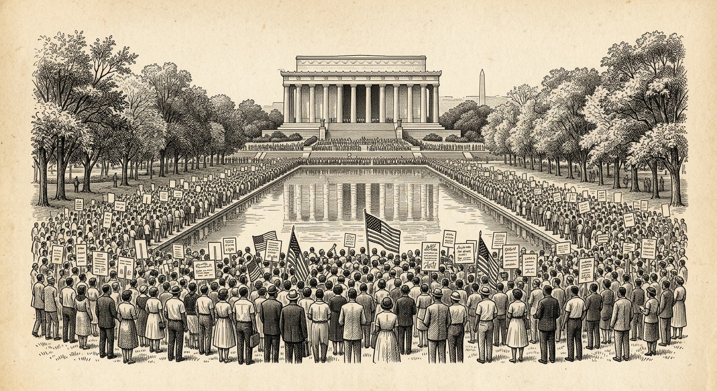 Antique engraving of the March on Washington crowd before the Lincoln Memorial