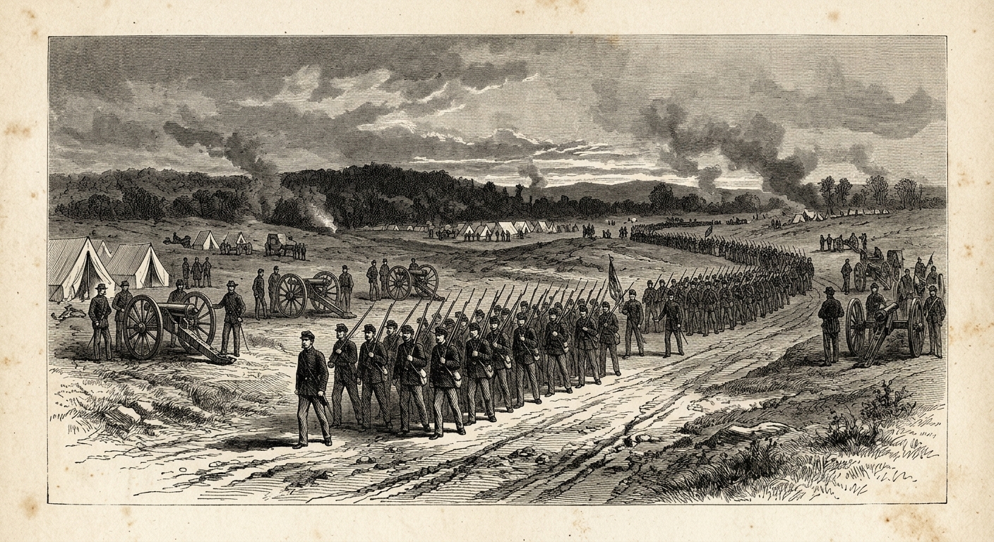 Antique engraving of Civil War soldiers marching past field artillery