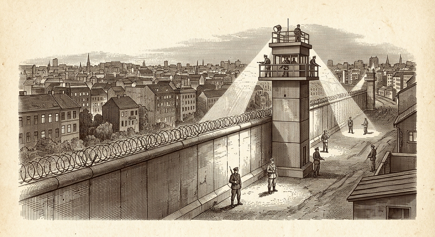 Antique engraving of the Berlin Wall at night with a watchtower