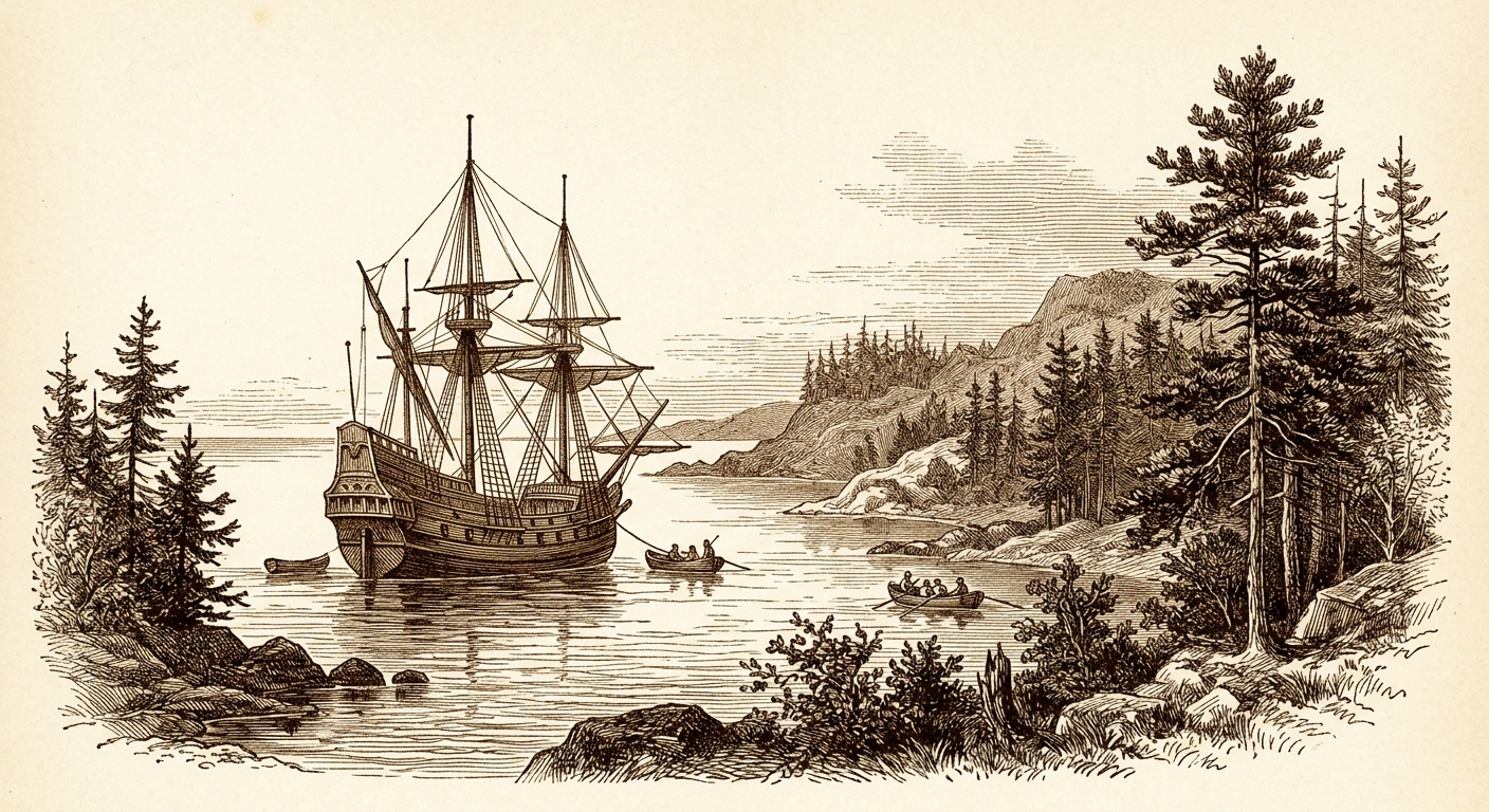 Antique engraving of a tall ship anchored off a wooded colonial coast