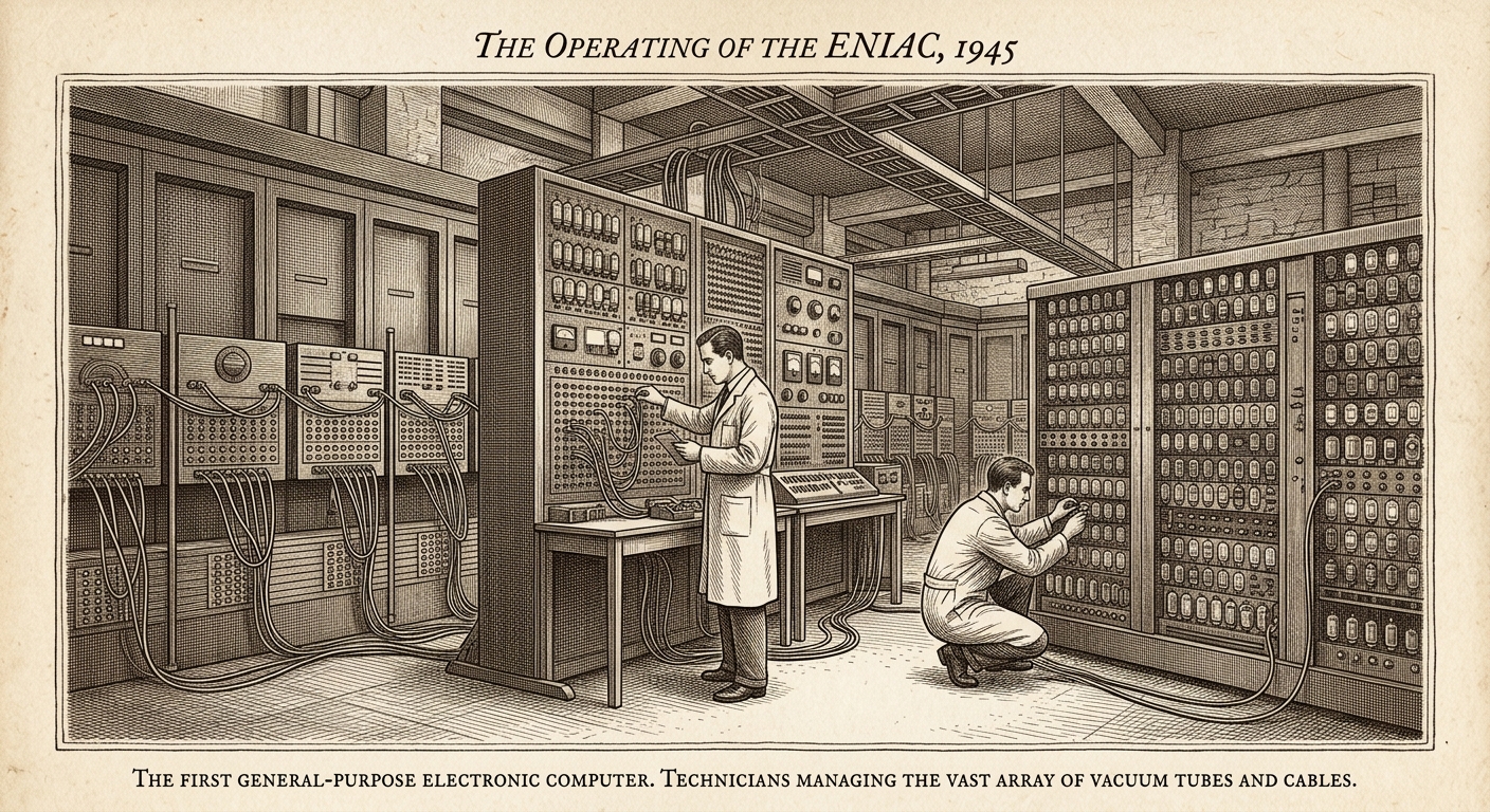 Antique engraving of technicians operating ENIAC, the first general-purpose computer, among walls of vacuum tubes