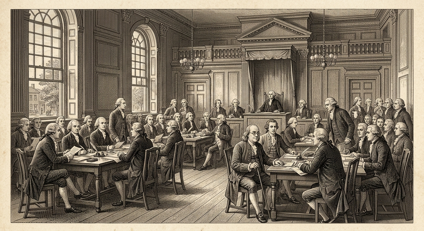 Antique engraving of the Constitutional Convention in session at Independence Hall, Philadelphia