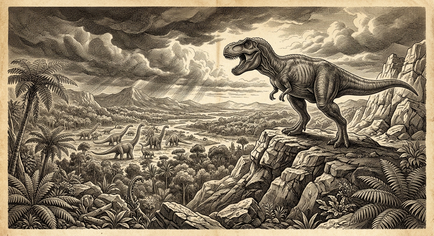 Antique engraving of a Tyrannosaurus rex on a ridge overlooking a prehistoric valley with sauropods