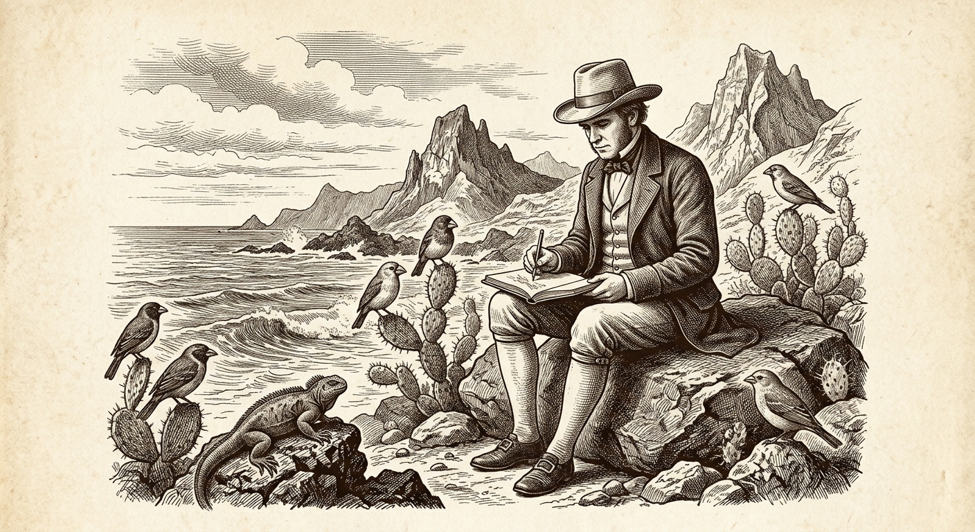 Antique engraving of Charles Darwin sketching specimens on the shore of a Galápagos Island with finches nearby