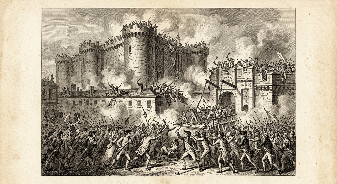 Antique engraving of the storming of the Bastille