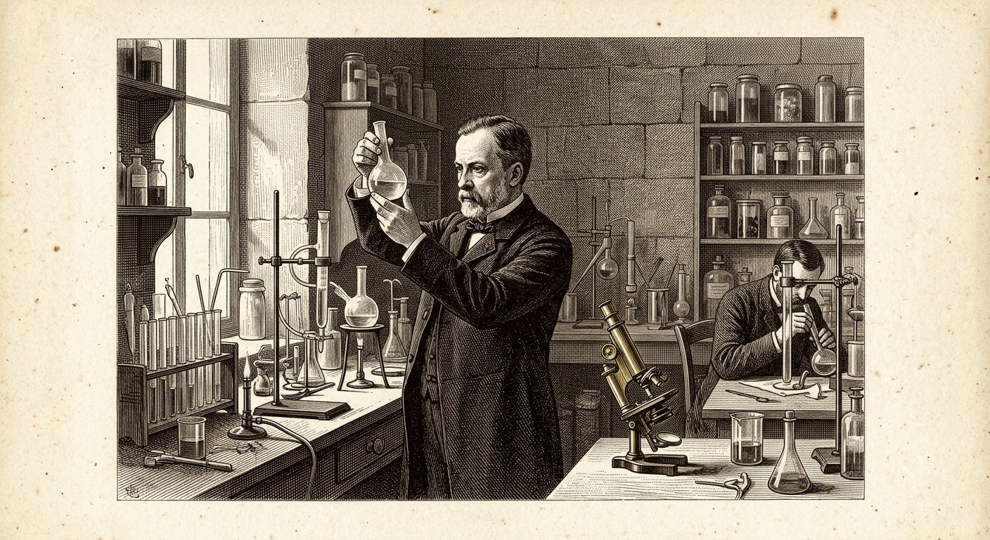 Antique engraving of Louis Pasteur examining a flask in his Paris laboratory
