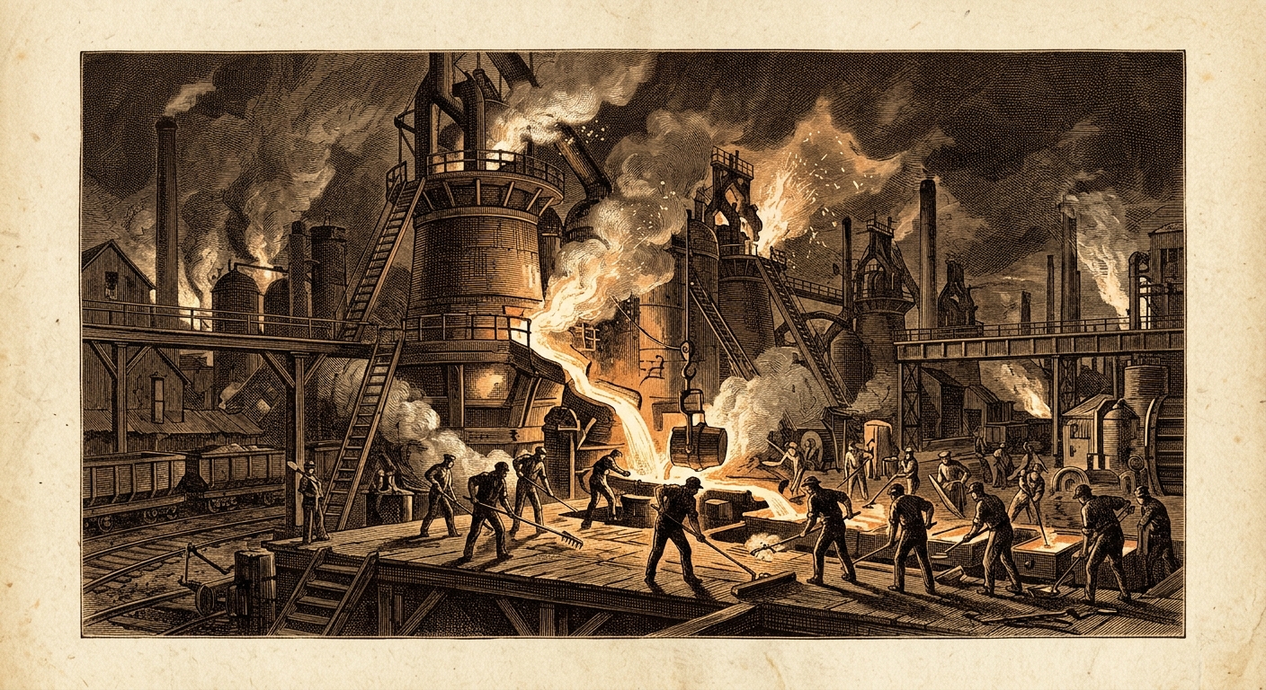 Antique engraving of a Gilded Age steel mill at night with blast furnaces pouring molten steel