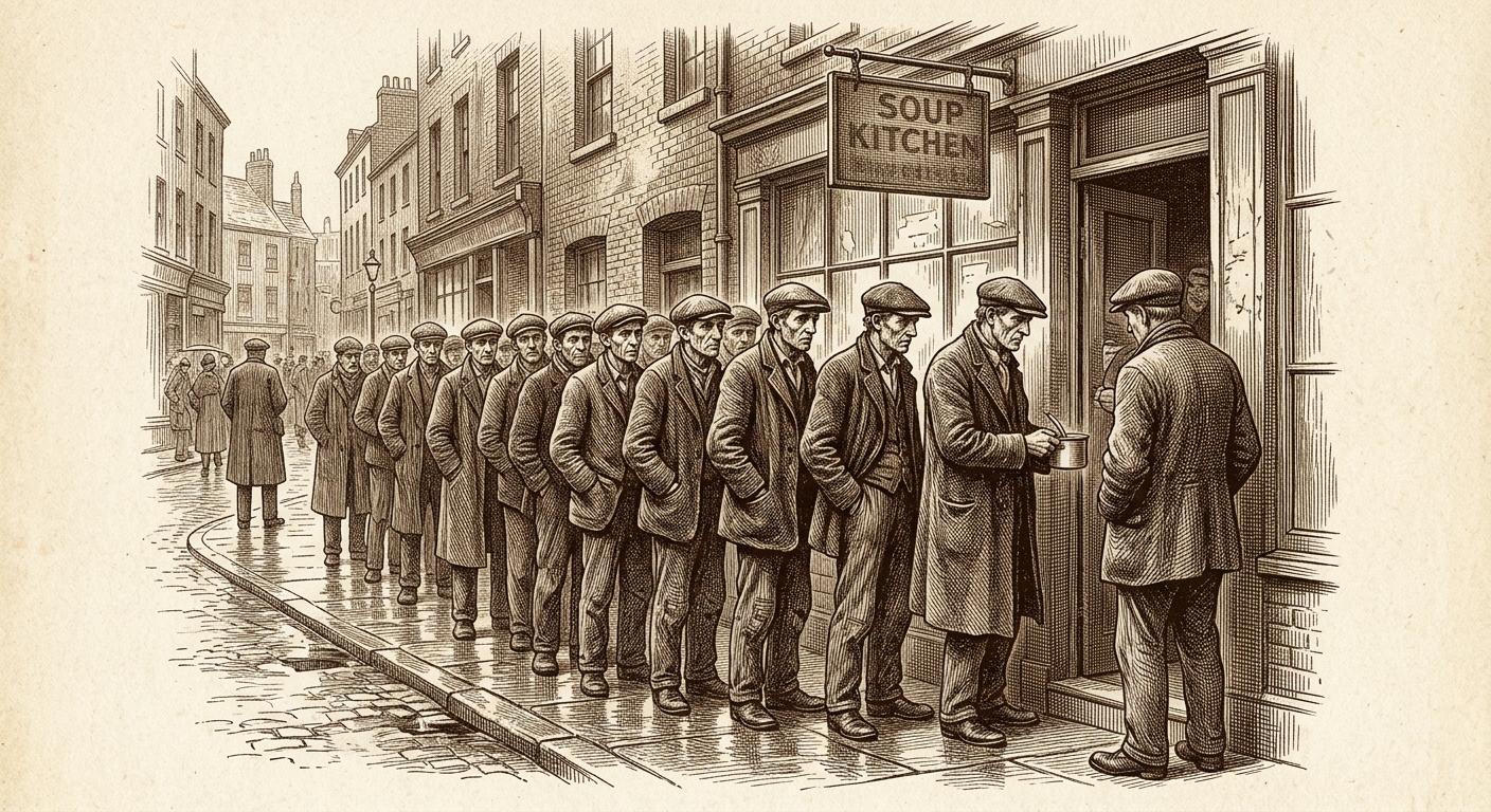 Antique engraving of a Great Depression breadline outside a soup kitchen