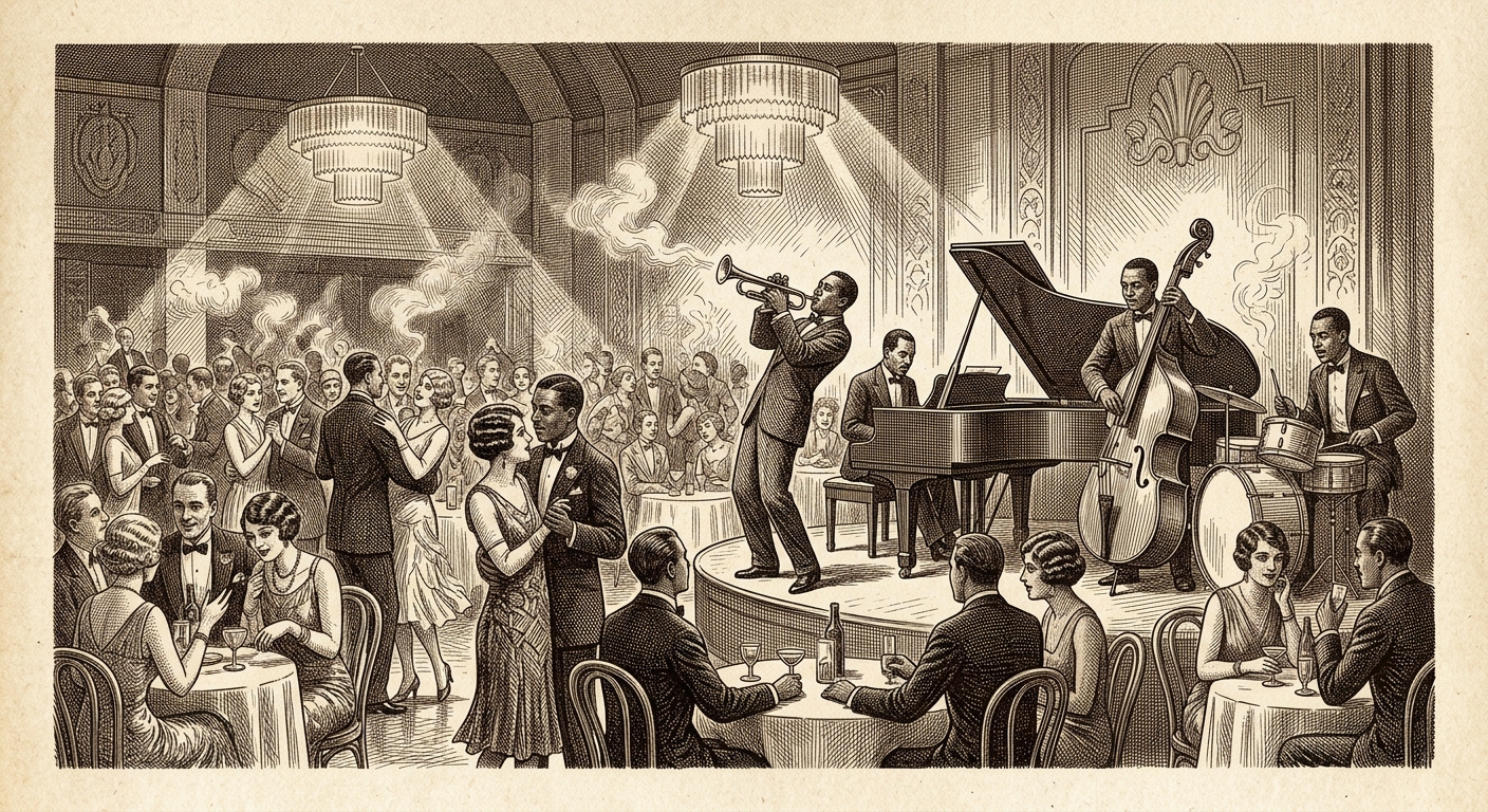 Antique engraving of a jazz band performing in a 1920s Harlem nightclub