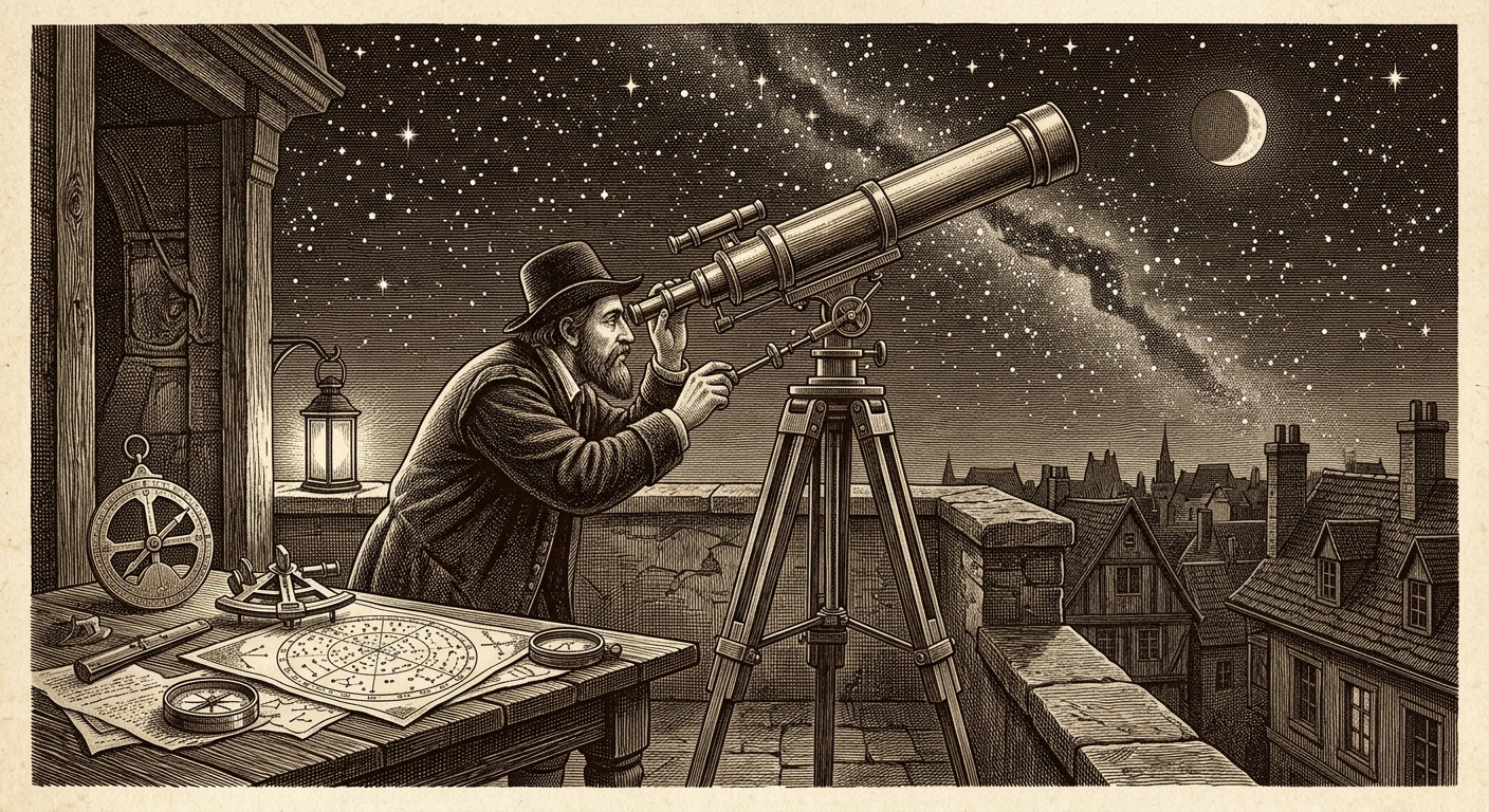 Antique engraving of a 17th-century astronomer at a large brass telescope on a rooftop observatory at night