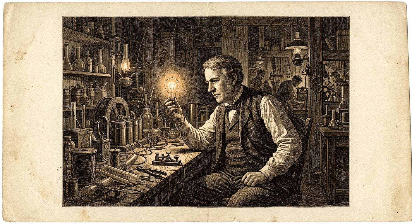 Antique engraving of Thomas Edison in his Menlo Park laboratory examining a glowing light bulb