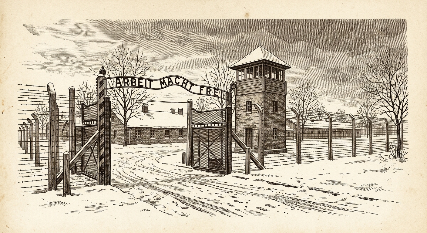 Antique engraving of the gate of Auschwitz concentration camp in winter