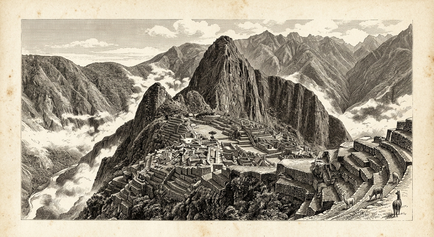 Antique engraving of the Inca citadel of Machu Picchu high in the Andes