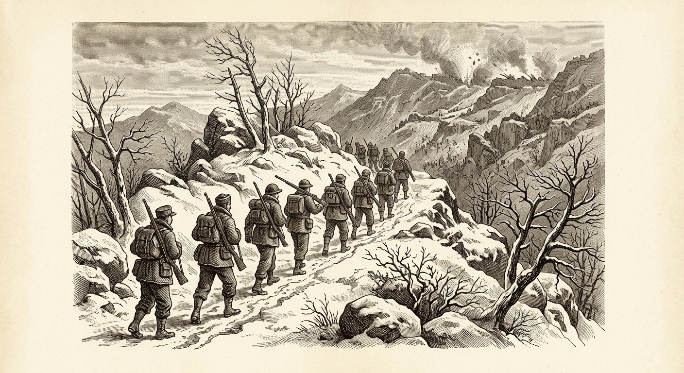 Antique engraving of soldiers in winter gear advancing through a snow-covered Korean mountain ridge