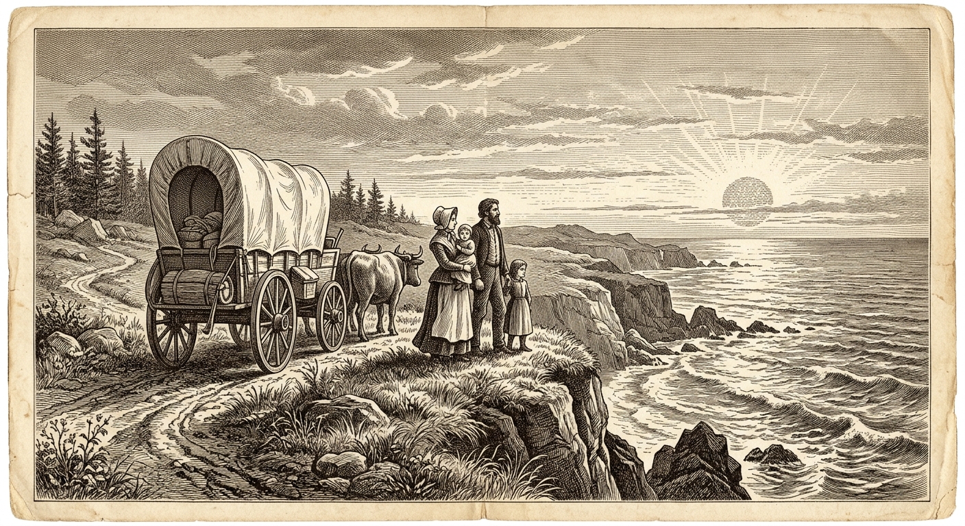 Antique engraving of American pioneers at a Pacific coastal headland with a covered wagon